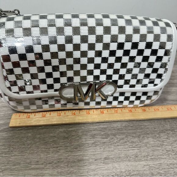 HTF MICHAEL KORS PARKER CHECK SILVER POUCHETTE CONVERTIBLE SHOULDER BAG NWT - Picture 6 of 13